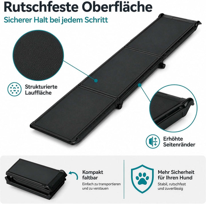Wiltec Hunderampe 180 x 40 cm 50 kg 3-Fach faltbar rutschfeste Autorampe für Hunde, klappbare Einsti