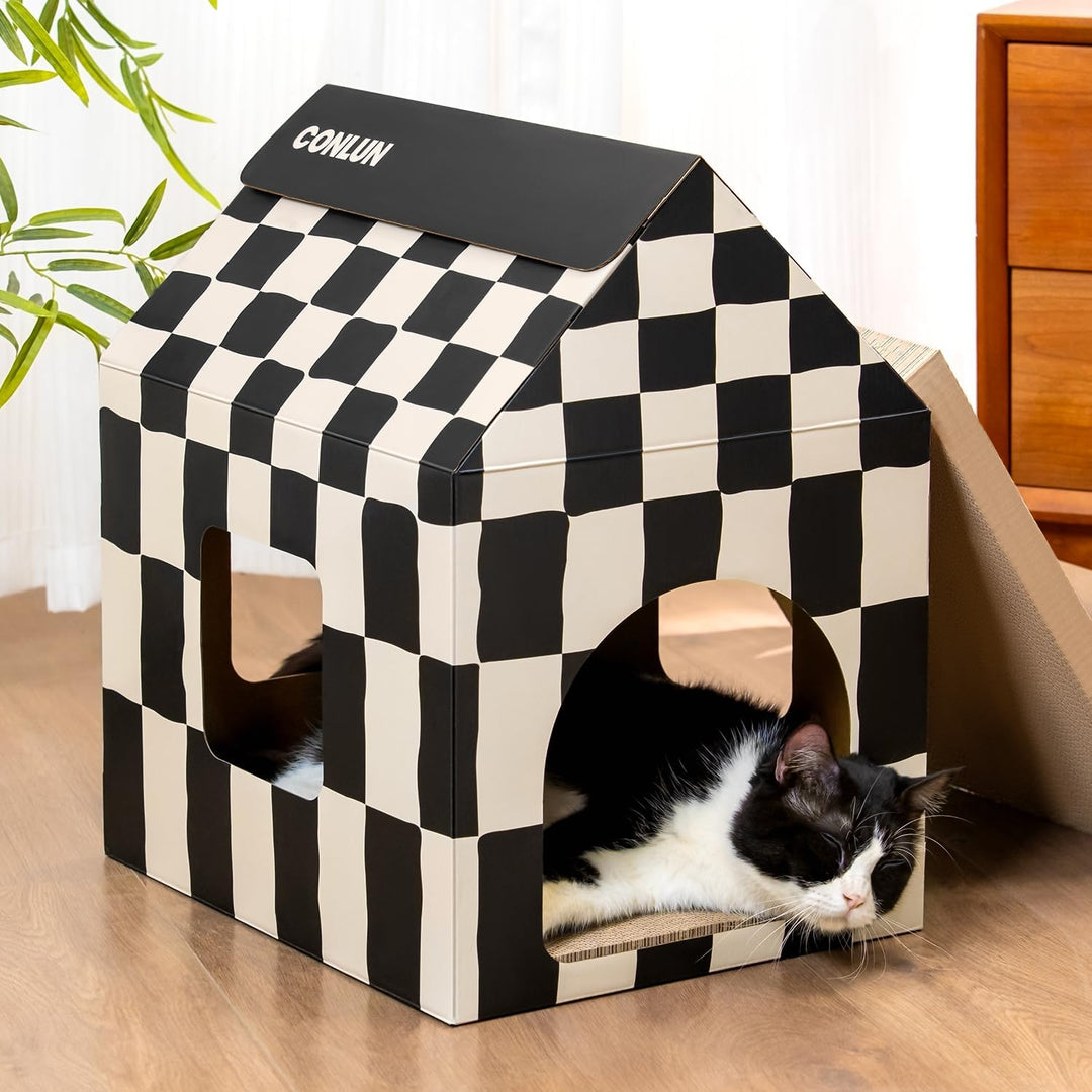Conlun Katzenhaus mit Kratzbrett &amp; Katzenminze, Leicht zu Montieren - Kratzhöhle für Wohnungskatzen,