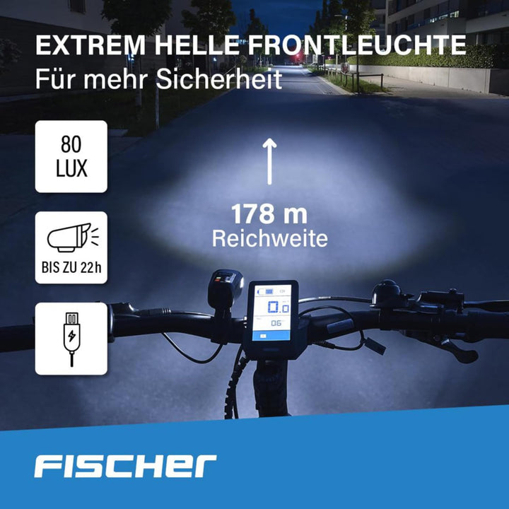 Fischer Fahrrad Beleuchtungs-Set 80/40/20 Lux, Akku-Leuchtenset Stop, Front- und Rückleuchte, mit Ak