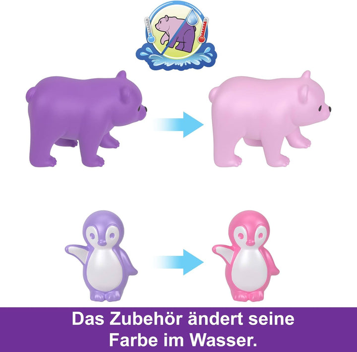 Polly Pocket Pyjamaparty Schnee-Eule - Spielset mit Wasserspass und 2 Teilen mit Farbwechseleffekt,