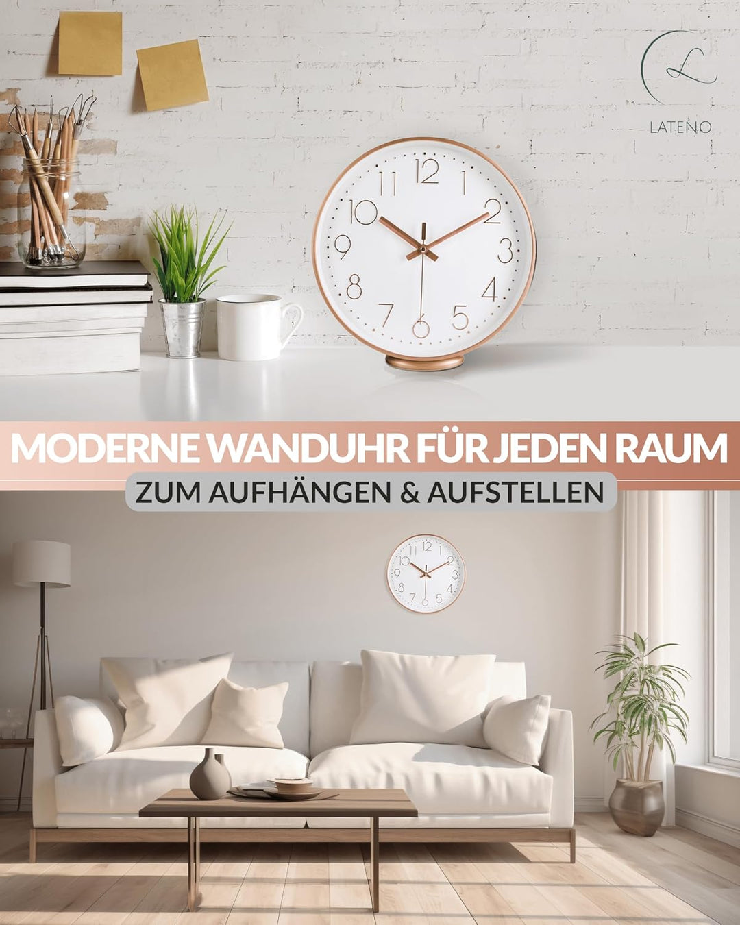 LATENO - Wanduhr zum aufstellen oder aufhängen - Rosegold weiss 30 cm - lautlos - klassisch und mode