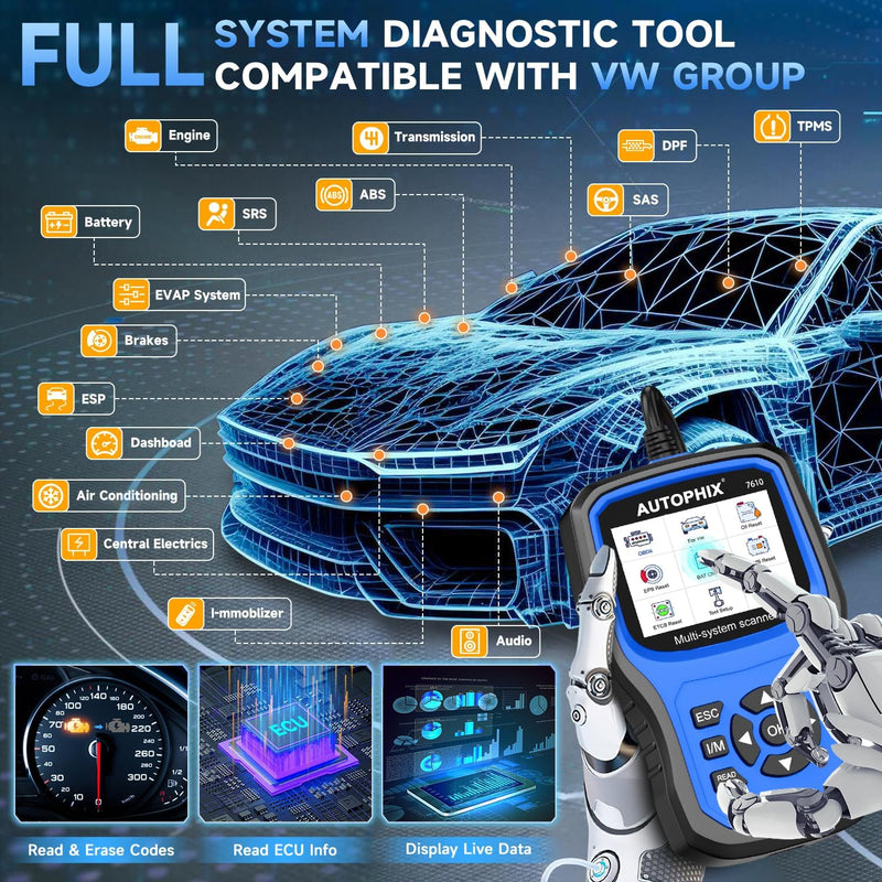 AUTOPHIX 7610 Elite Vollsysteme OBD2 Diagnosegerät Kompatibel mit VW Automotive Full Functions OBD2