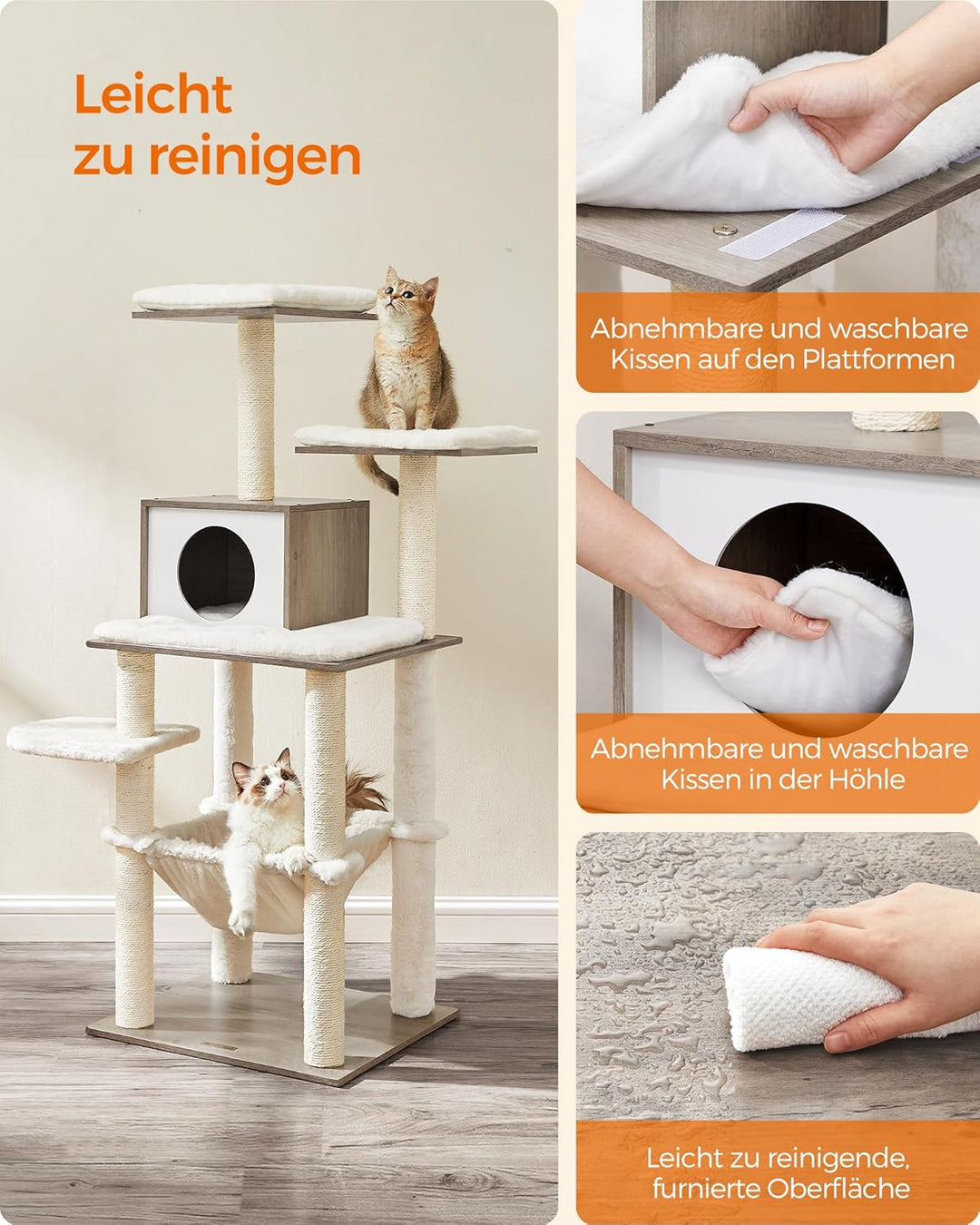 Feandrea Kratzbaum, 138 cm Katzenbaum, modern, mehrstöckiger Katzenkratzbaum, Kuschelhöhle, Sisalstä