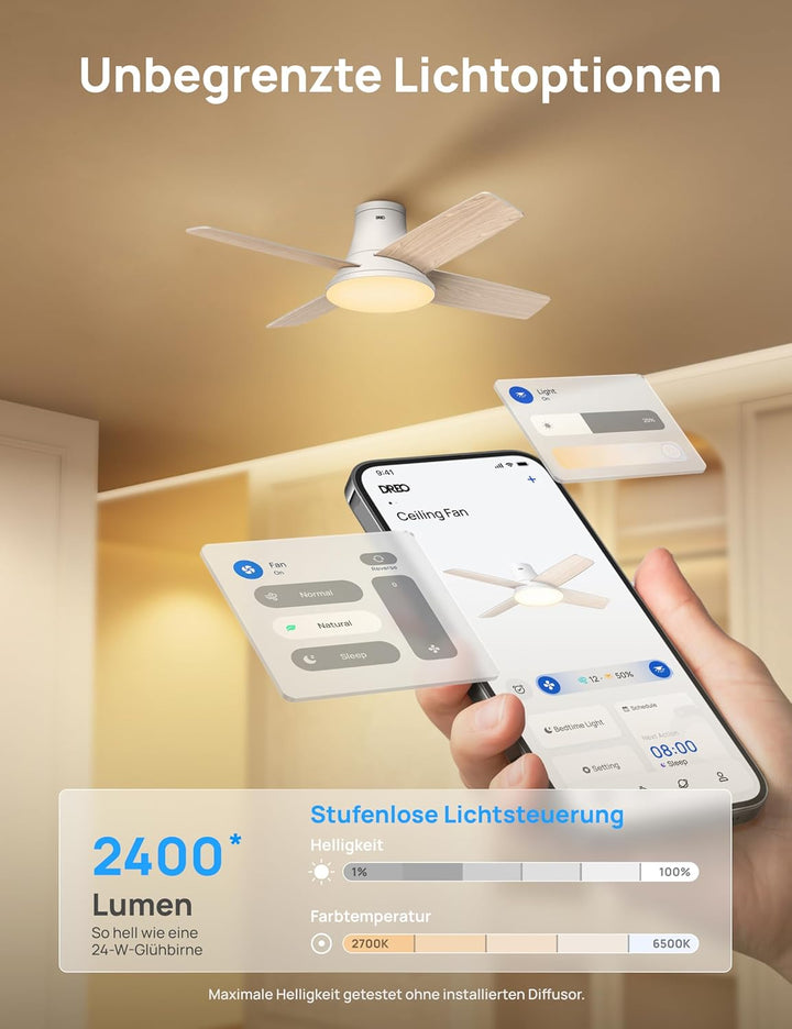 DREO Deckenventilator mit Licht bietet zwölf Geschwindigkeiten, drei Modi und einen leisen Gleichstr
