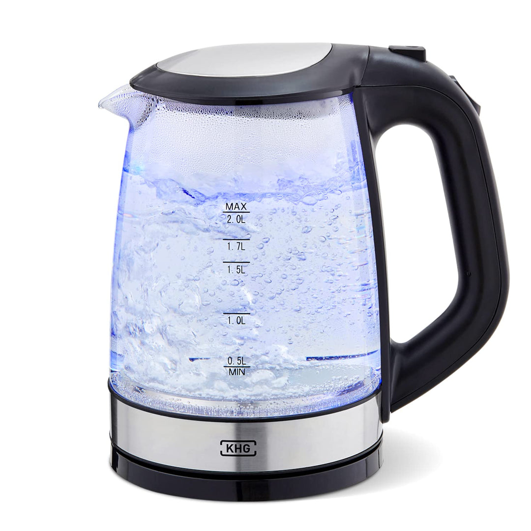 KHG Wasserkocher WK-1706 GES Glas, 2 Liter, LED Beleuchtung, Kalkfilter, Wasserstandsanzeige, Öffnen