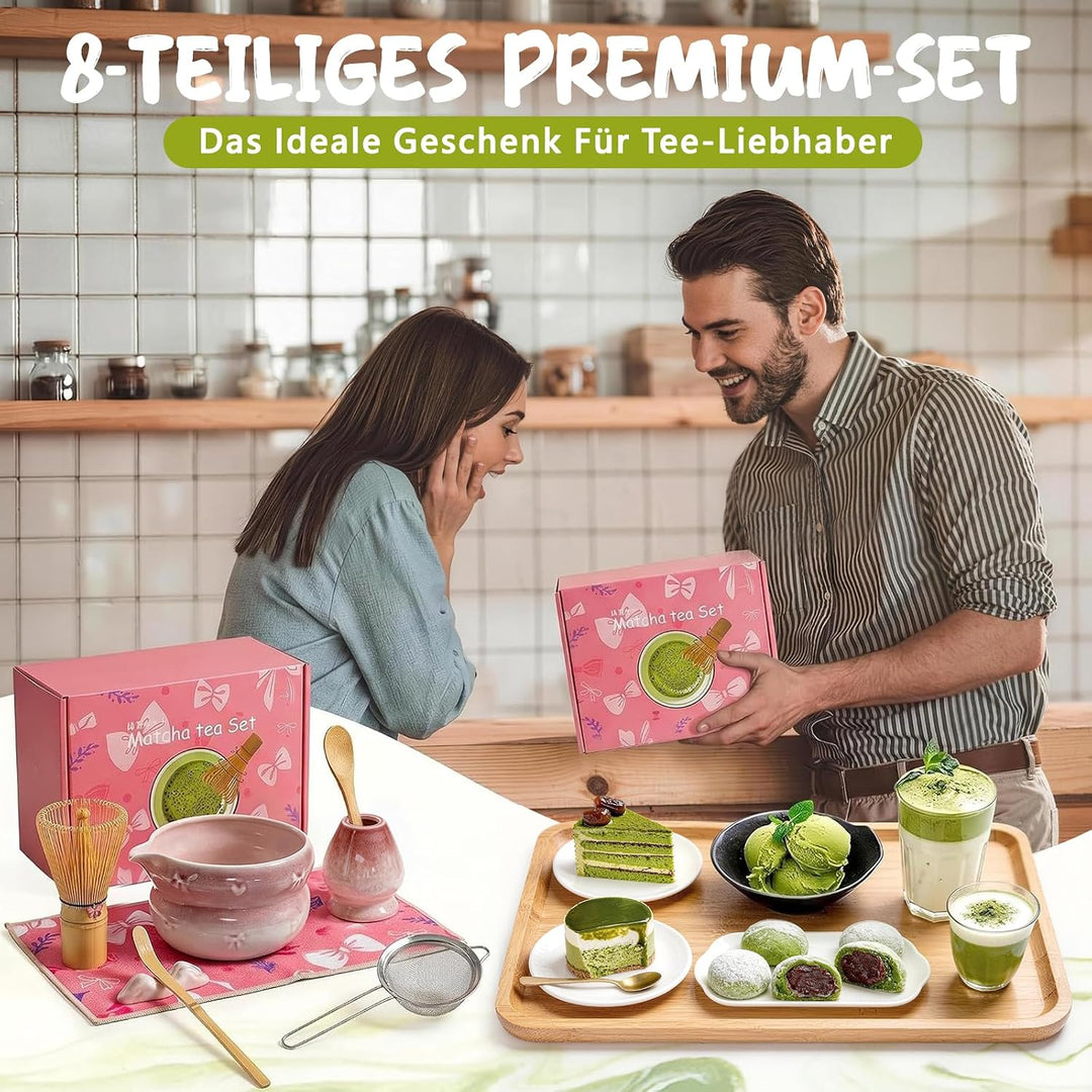 Matcha Set 8-Piece Premium Tea Ceremony Kit with Ceramic Bowl, 100+ Tines Bamboo Whisk (Chasen), Hol