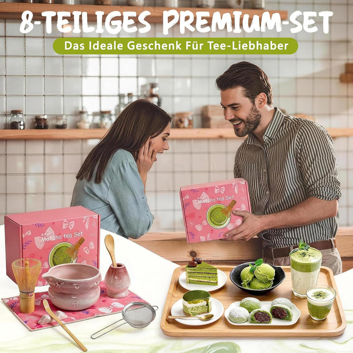Matcha Set 8-Piece Premium Tea Ceremony Kit with Ceramic Bowl, 100+ Tines Bamboo Whisk (Chasen), Hol