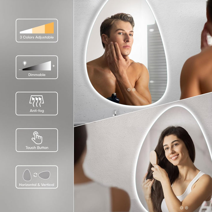 Dripex Badezimmerspiegel Led Badspiegel, Asymmetrisch, Touch-Schalter, Dimmbar, 3 Lichtfarbe Einstel
