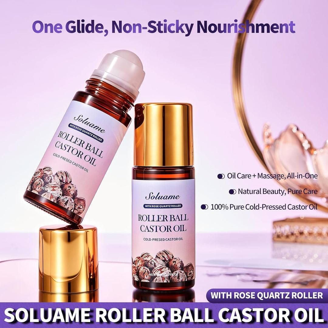 Rollerball Rizinusöl mit Rosenquarz Roller, Kaltgepresstes Reines Rizinusöl Roll On für Gesicht Körp