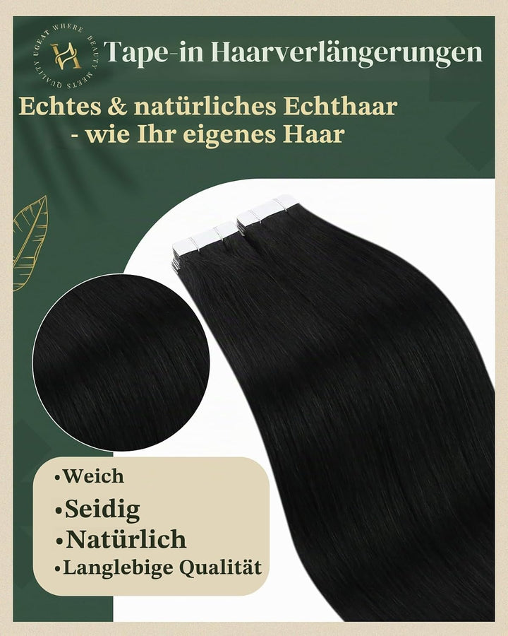 Ugeat Tape Extensions Echthaar Schwarz Tape in Extensions Remy Echthaar 50cm Seamless Tape in Extens