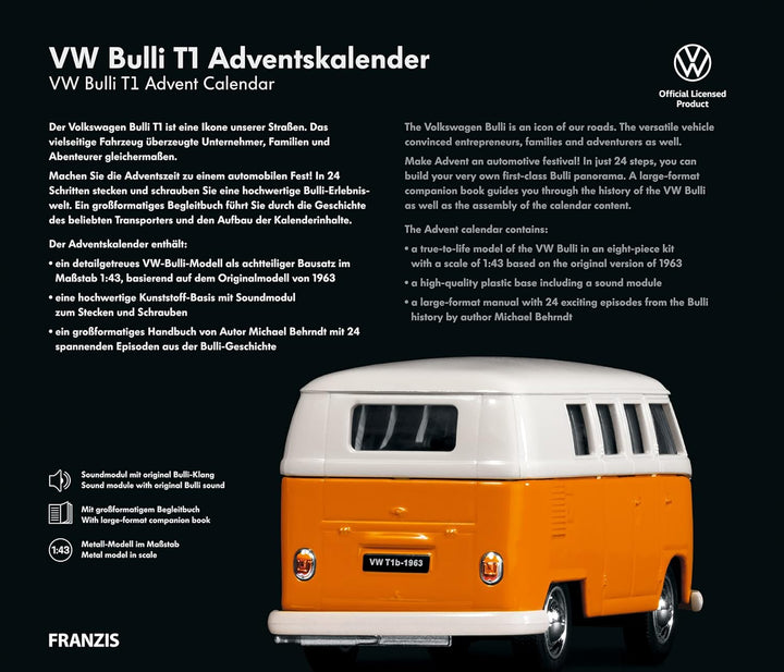 FRANZIS 55134 - VW Bulli T1 Adventskalender, Metall Modellbausatz im Massstab 1:43, inkl. Soundmodul