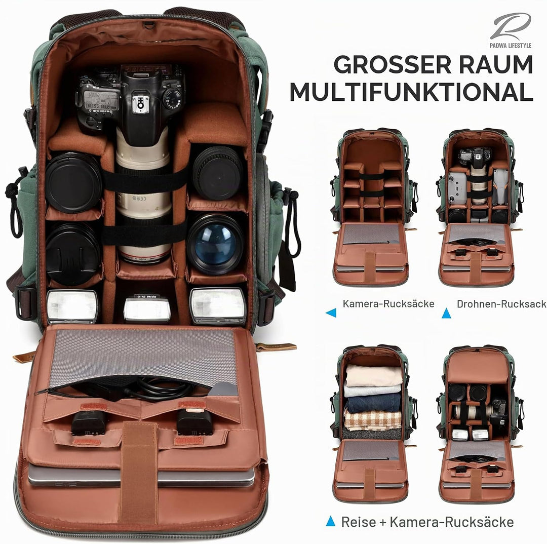 Padwa Lifestyle Kamerarucksack - Gewachstem Memory Canvas Kamerarucksack mit 16“ Laptop-/Objektivfac