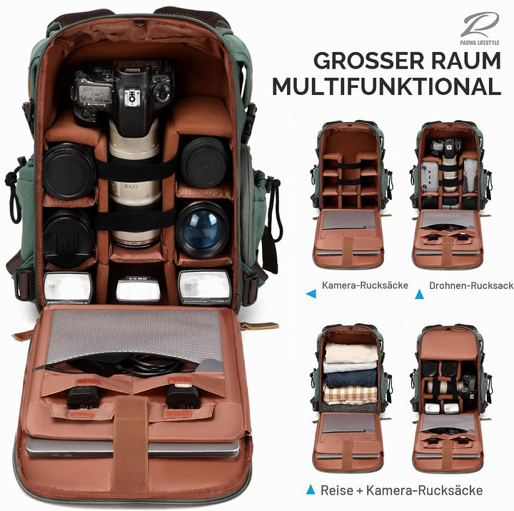Padwa Lifestyle Kamerarucksack - Gewachstem Memory Canvas Kamerarucksack mit 16“ Laptop-/Objektivfac