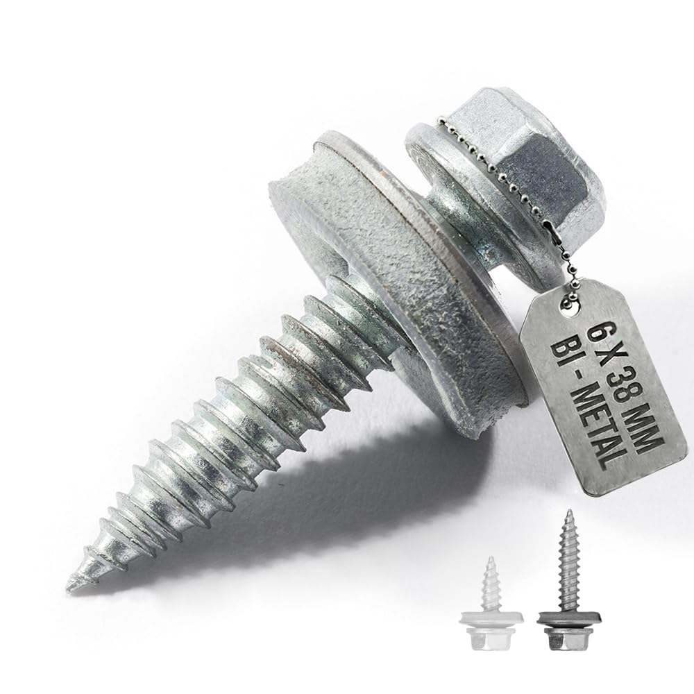 VOOXA 100 Stück Dünnblechschrauben 6,0x38mm, SW8, Bi-Metall Edelstahl A2 mit Stahlspitze, 16mm EPDM