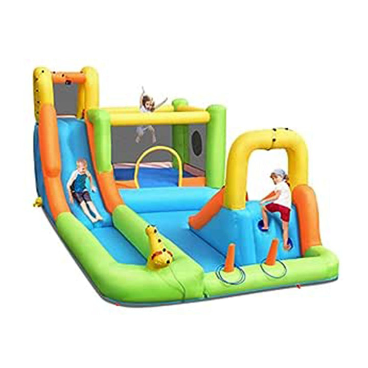 GOPLUS Aufblasbare Hüpfburg, Wasserrutsche mit 2 Planschbecken, 2 Rutschen, Kletterwand, Wasserkanon