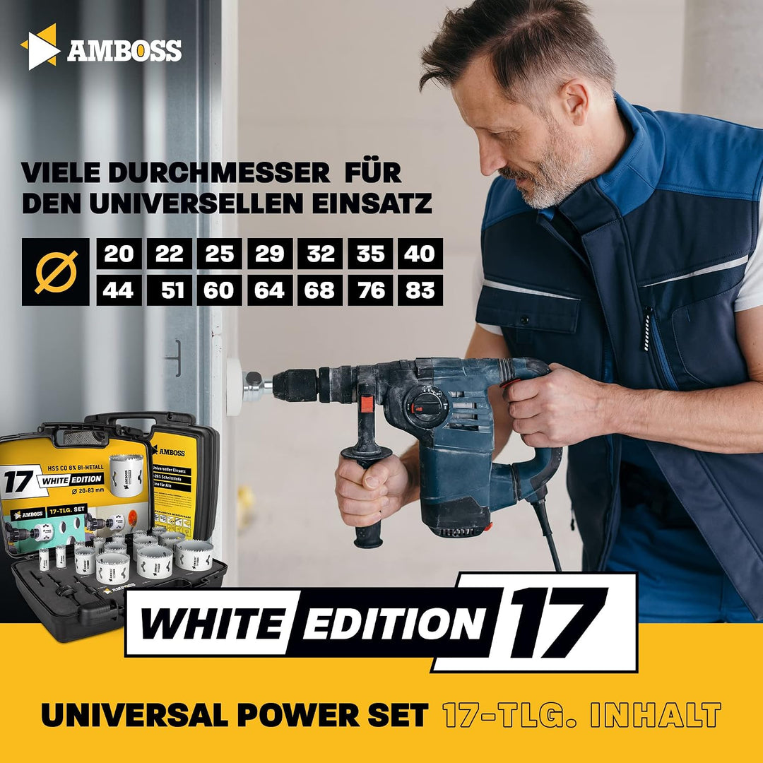 Amboss M 42 Bi-Metall Lochsägen Set Ø 19-83 mm (17-teilig) / Für Aluminium, Stahl, Gipskarton, Holz