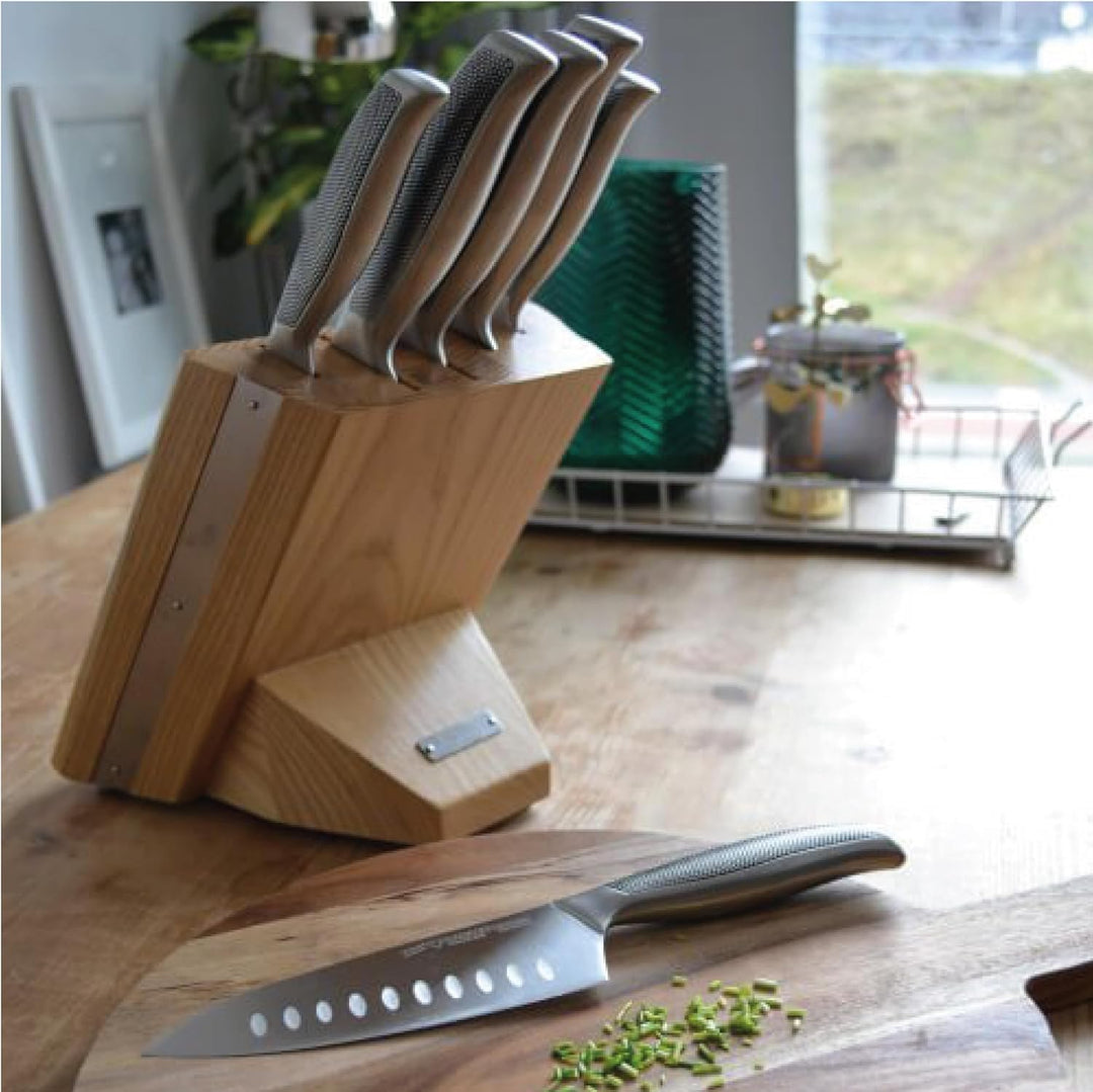 Riyouri Messerblock – 5-teilig – natürliches Eichenholz/Edelstahl – orientalisches Design – mit ruts