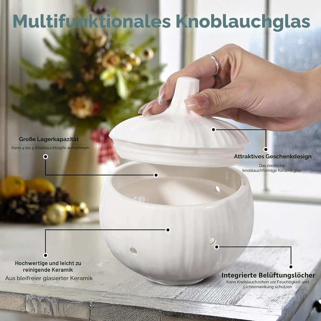 MARUKO Knoblauch Aufbewahrung, Keramik Zwiebeltopf, Keramik-Aufbewahrungstopf für Knoblauch mit Belü