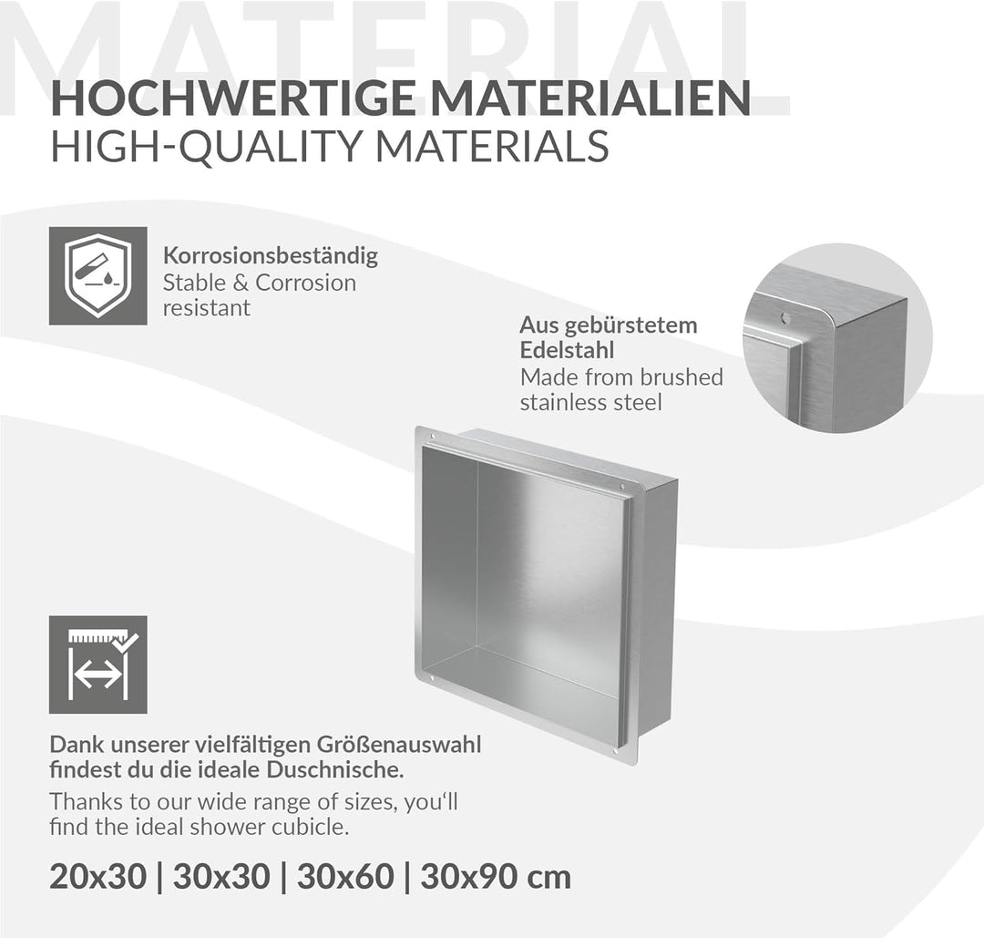 LuxeBath Wandnische aus Edelstahl, 30x30x10 cm, Silber, Duschnische, Randlos, Einbauregal, Flexibler