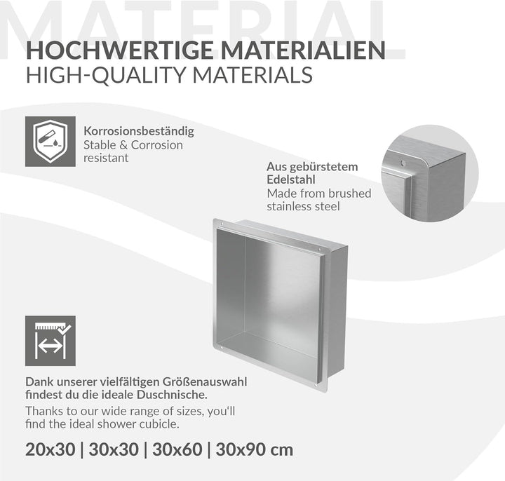 LuxeBath Wandnische aus Edelstahl, 30x30x10 cm, Silber, Duschnische, Randlos, Einbauregal, Flexibler