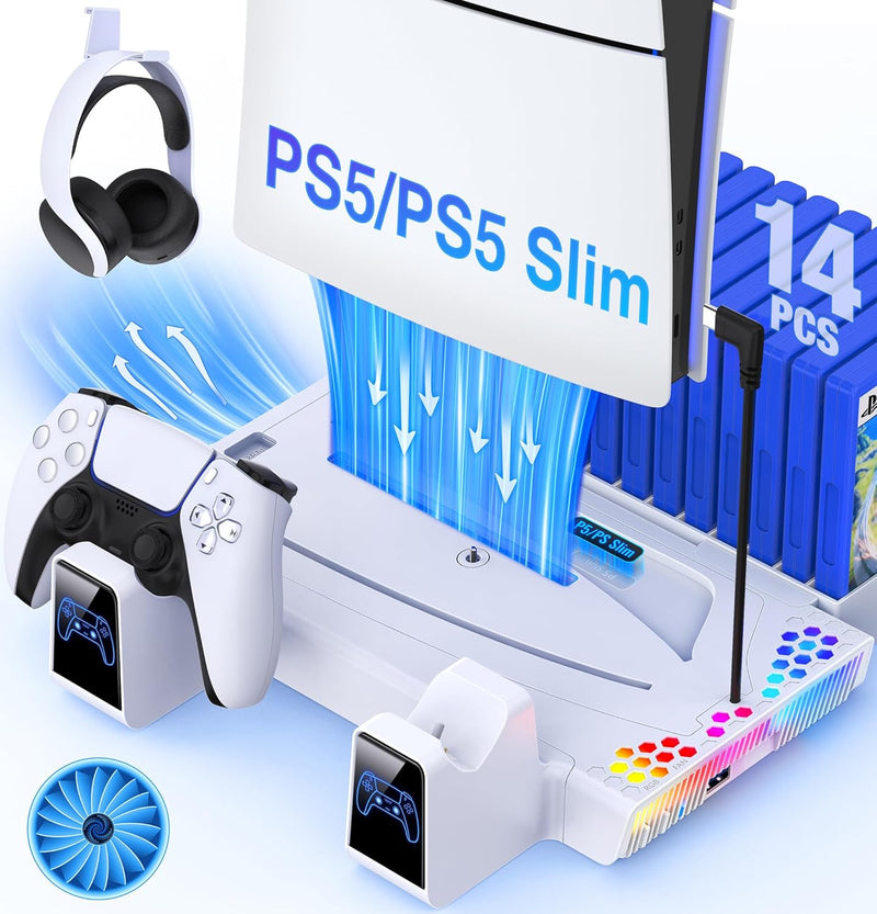 Elegamefy PS5 Standfuss für PS5/PS5 Slim Disc & Digital Konsole, Vertical Ständer mit Kühler Lüfter,