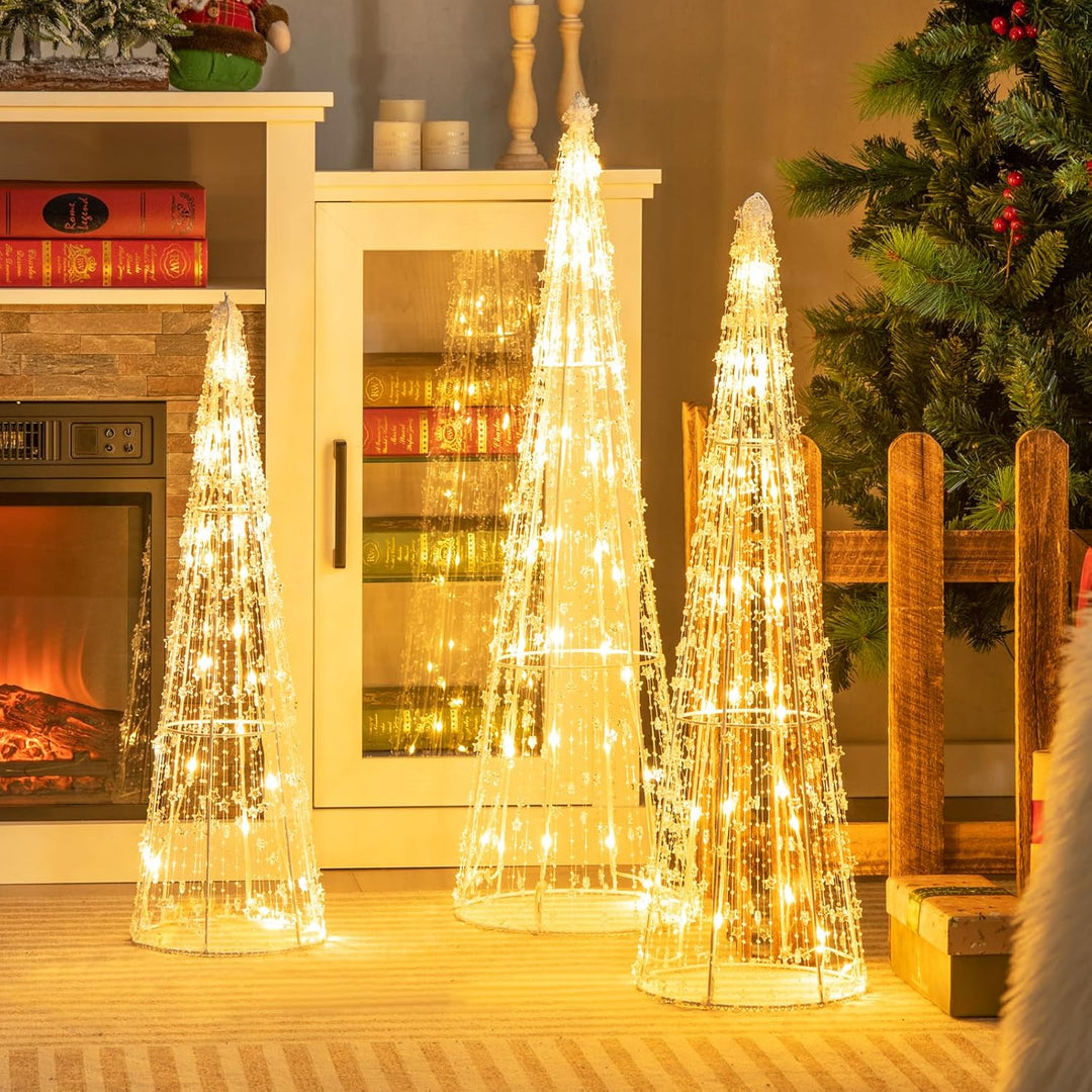 COSTWAY 3er Set LED Weihnachtsbaum in Kegelform, beleuchtete Weihnachtsdeko mit 90 warmweissen LED-L