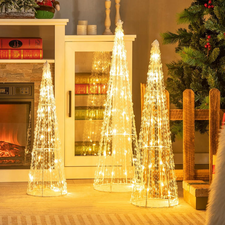 COSTWAY 3er Set LED Weihnachtsbaum in Kegelform, beleuchtete Weihnachtsdeko mit 90 warmweissen LED-L