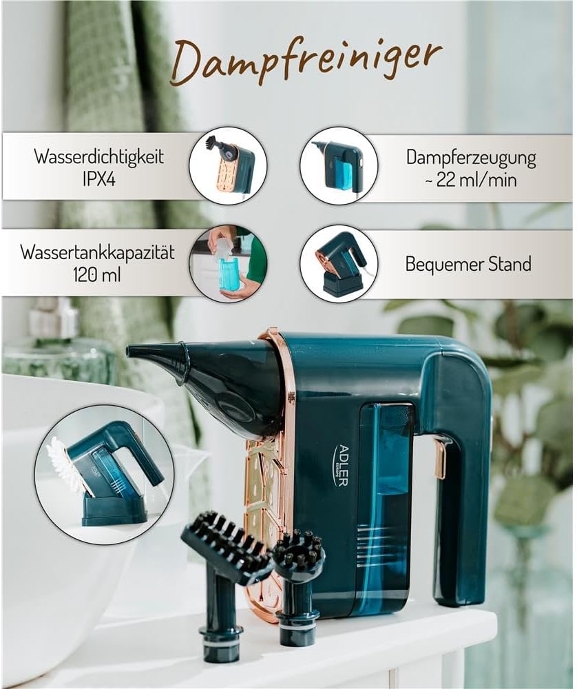 ADLER AD 7050 Dampfreiniger 120 ml, Dampfglätter mit Ständer, Dampfbürste Handgerät, ergonomisch, wa