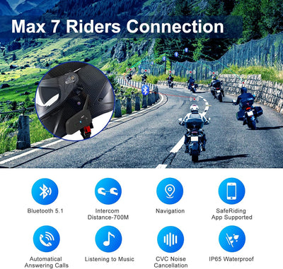 EJEAS V7 Motorrad Bluetooth Intercom Headset IP65 Wasserdicht Kommunikationssystem für 7 Motorräder
