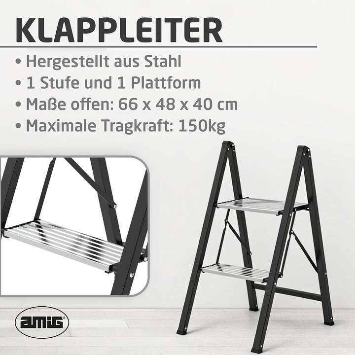 Amig Klapphocker 2 Stufen Schwarz 66x48x40 cm
