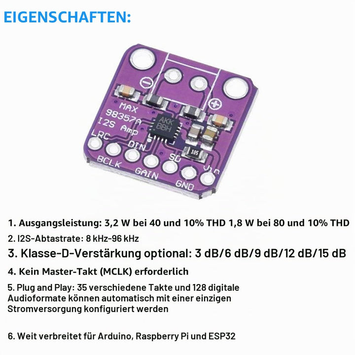 2 Stück MAX98357 Audio Leistungsverstärkermodul I2S Klasse D Filterlose Audioverstärkerplatine für R