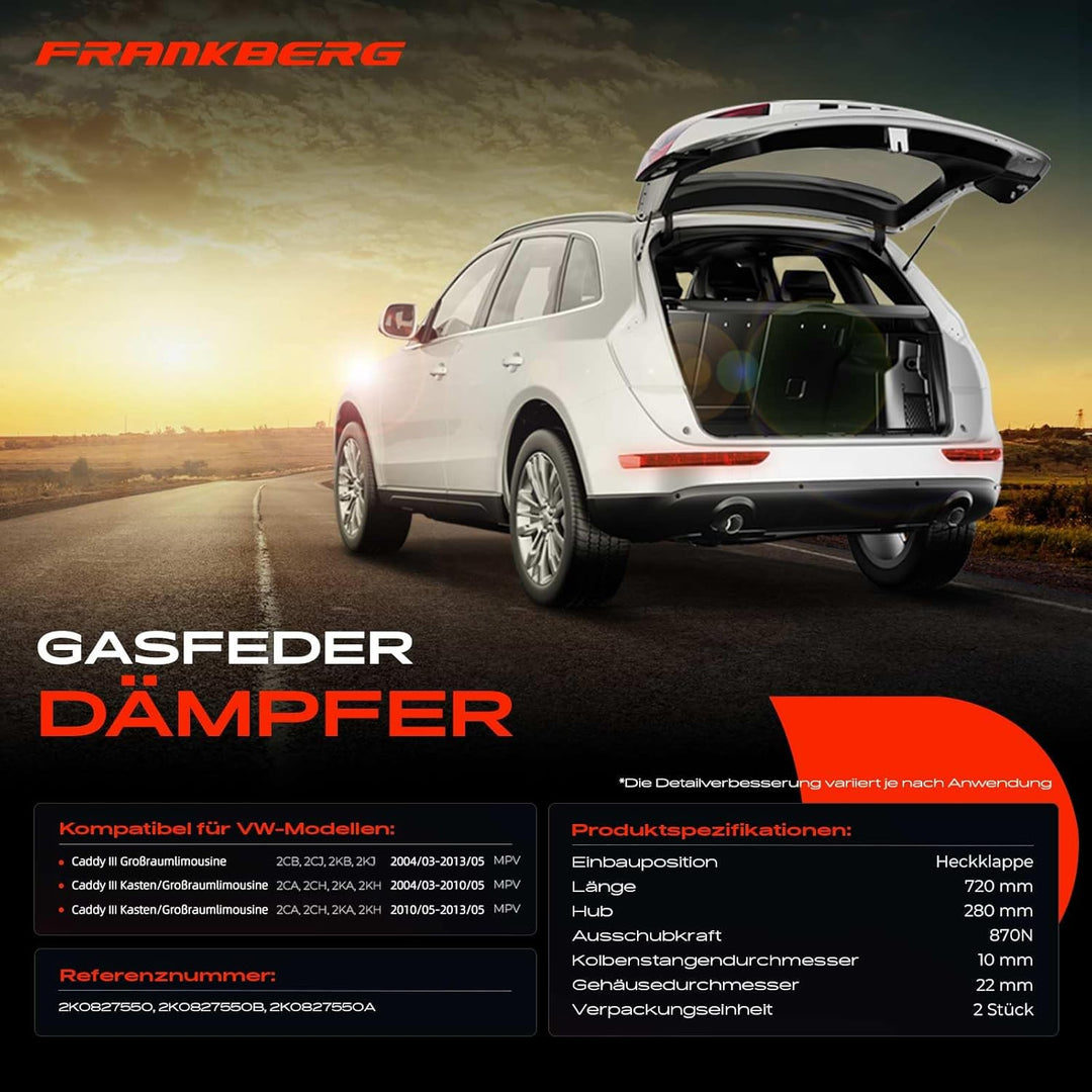 Frankberg 2x Gasfeder Dämpfer Heckklappe Kompatibel mit Caddy III 2CA 2CB 2CH 2CJ 2KA 2KB 2KH 2KJ MP