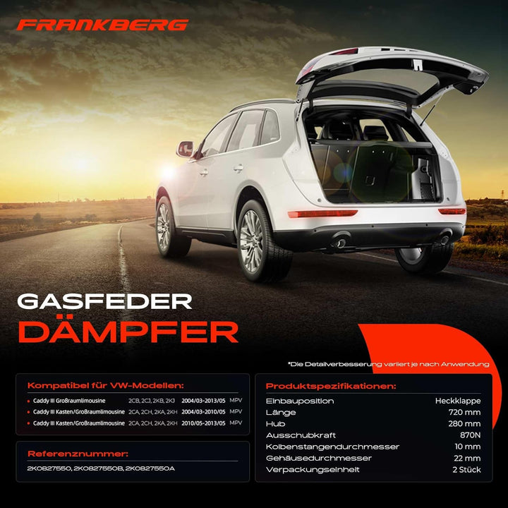 Frankberg 2x Gasfeder Dämpfer Heckklappe Kompatibel mit Caddy III 2CA 2CB 2CH 2CJ 2KA 2KB 2KH 2KJ MP