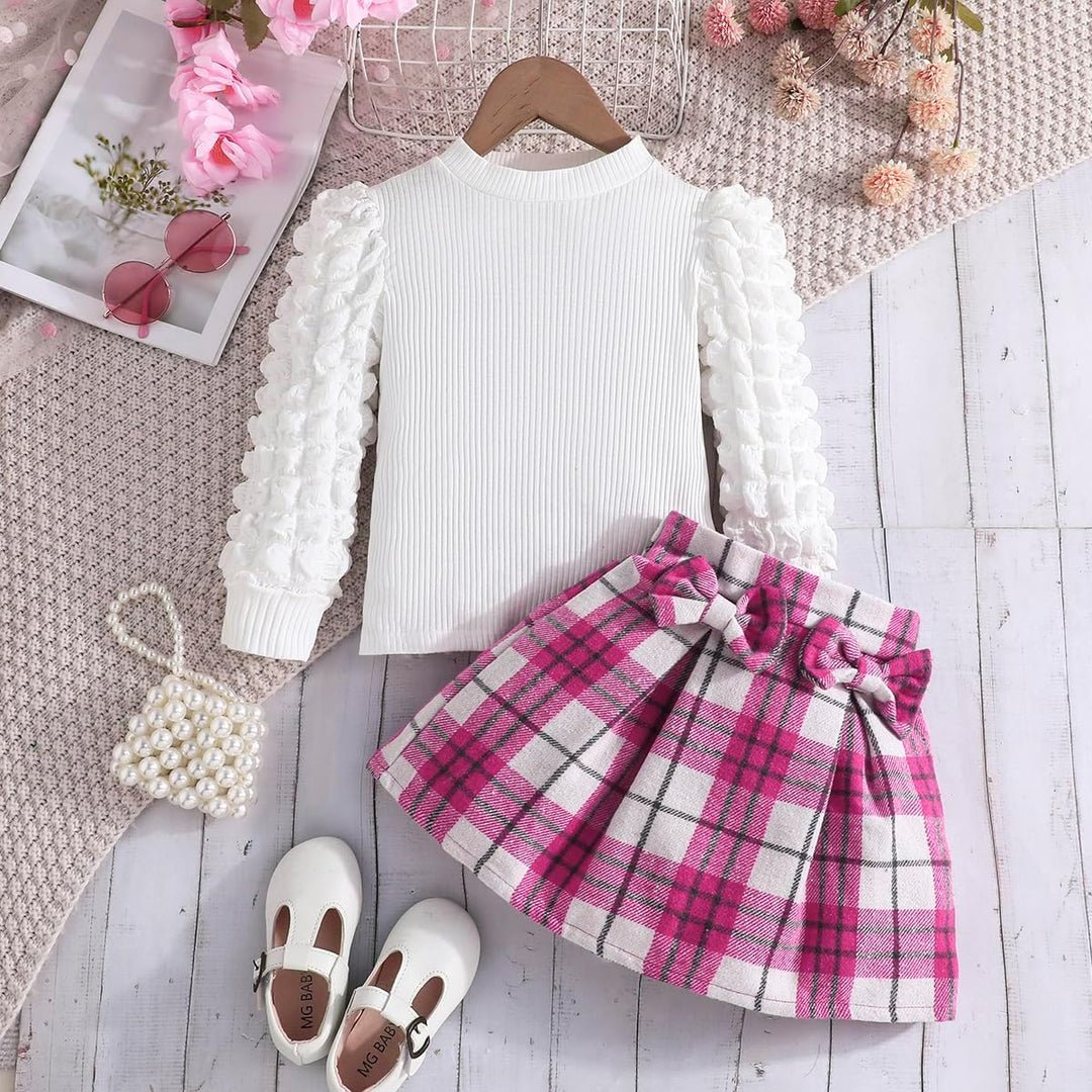 Kleinkind Mädchen Kleidung Puffärmel Langarm Gerippte Oberteile + Bowknot Plaid Mini Rock 2 Stück He