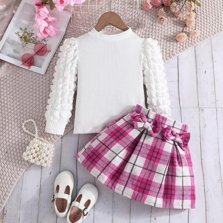 Kleinkind Mädchen Kleidung Puffärmel Langarm Gerippte Oberteile + Bowknot Plaid Mini Rock 2 Stück He