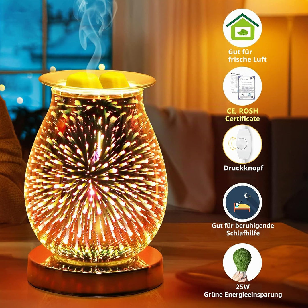 Elektrische Duftlampe aus Glas, Duftwachs 3D Feuerwerk Aromalampe, Touch-Steuerung Nachtlicht, Dekor