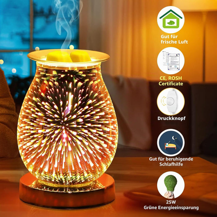 Elektrische Duftlampe aus Glas, Duftwachs 3D Feuerwerk Aromalampe, Touch-Steuerung Nachtlicht, Dekor