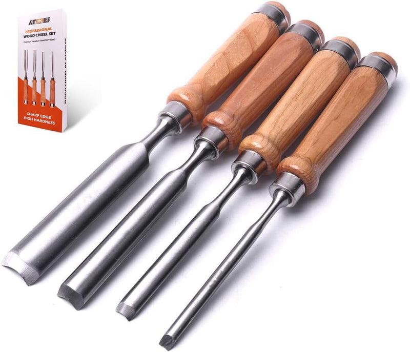 ATOPLEE 4 Stück Stechbeitel Set für Holz,Holz Meissel Werkzeug Schreiner Hohlbeitel CR-V Stahl halbk