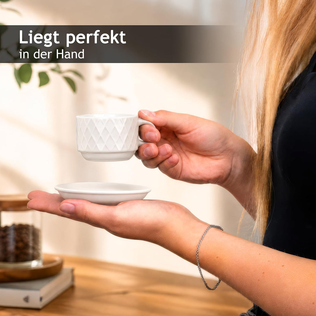 MIAMIO – 6 x 75 ml Espresso Tassen/Espressotassen Set mit Ständer Steingut Keramik - Palmanova Kolle