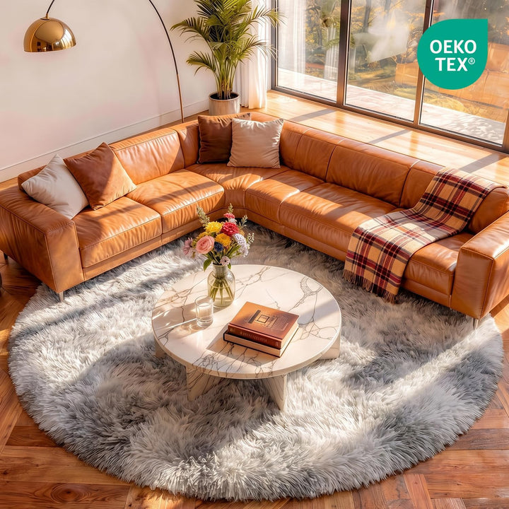 Teppich Rund Wohnzimmer 150 cm Hellgrau Schlafzimmer Hochflor-Teppich Waschbarer Anti-Rutsch Weicher