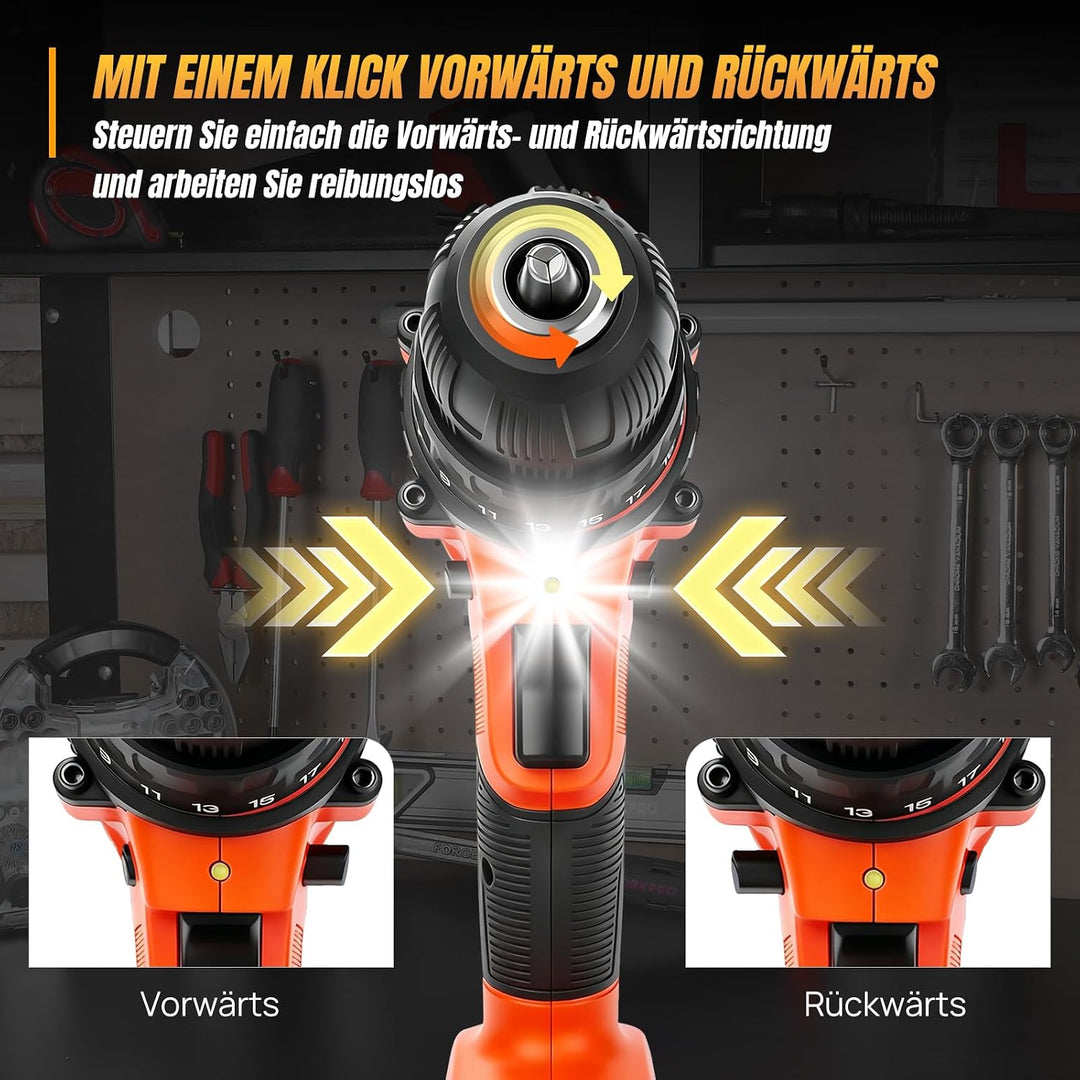 Akku-Bohrmaschine 21V Akkuschrauber Set mit 1.5 Ah Akku, Akku Bohrschrauber Set 25+1 Drehmomentstufe