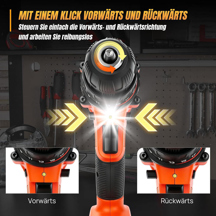 Akku-Bohrmaschine 21V Akkuschrauber Set mit 1.5 Ah Akku, Akku Bohrschrauber Set 25+1 Drehmomentstufe