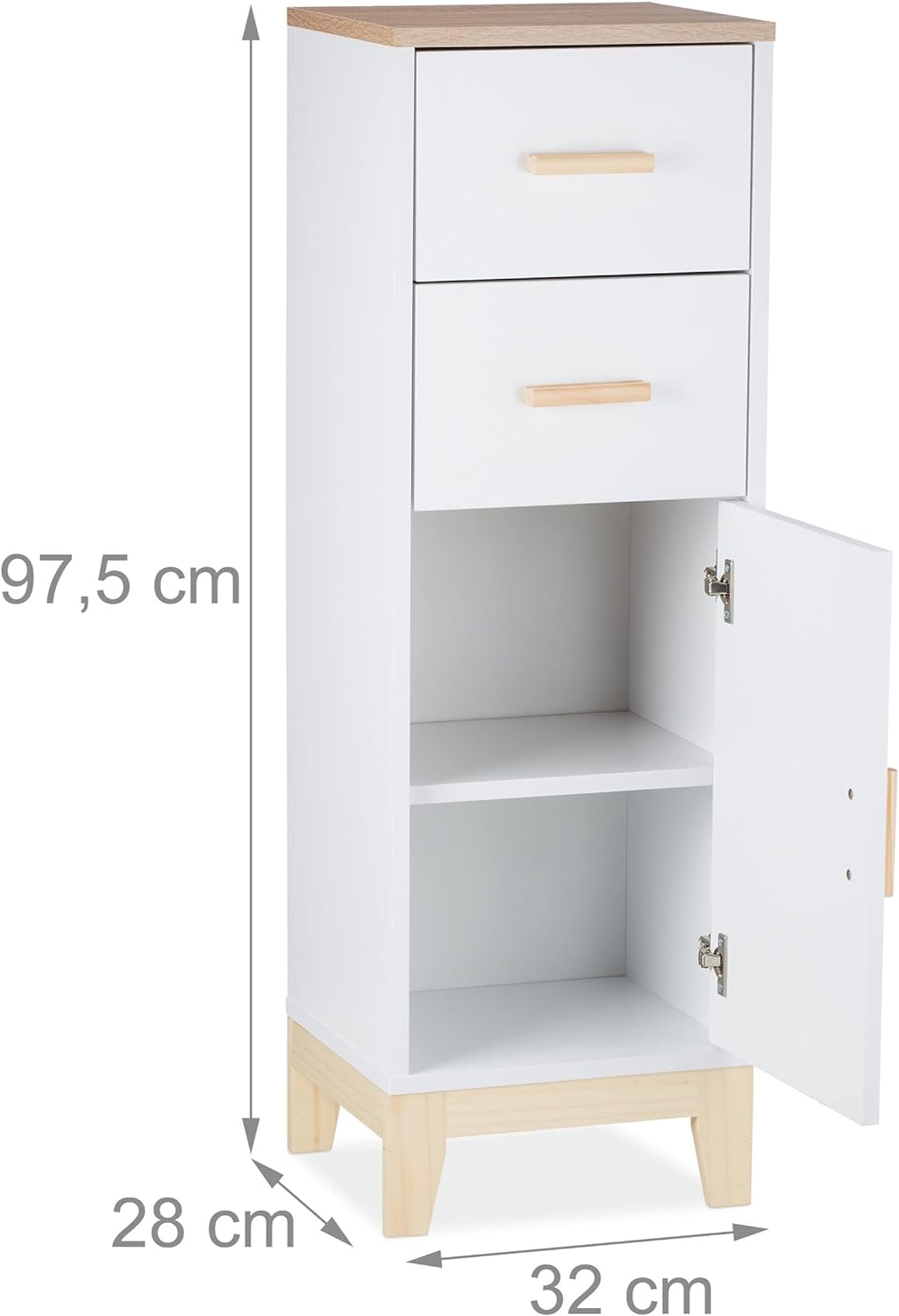 Relaxdays Badezimmerschrank, 2 Schubladen, Türfach, HxBxT: 97,5 x 32 x 28 cm, Bad & Flur, schmaler M