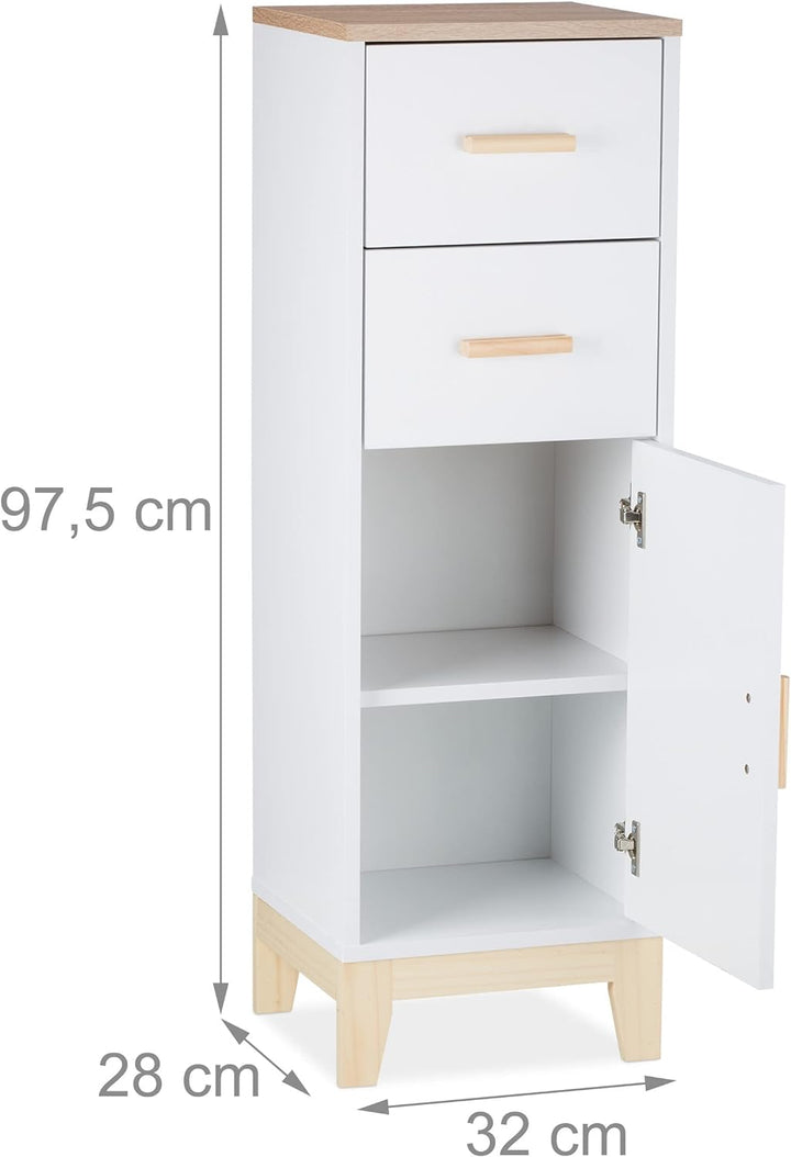 Relaxdays Badezimmerschrank, 2 Schubladen, Türfach, HxBxT: 97,5 x 32 x 28 cm, Bad & Flur, schmaler M