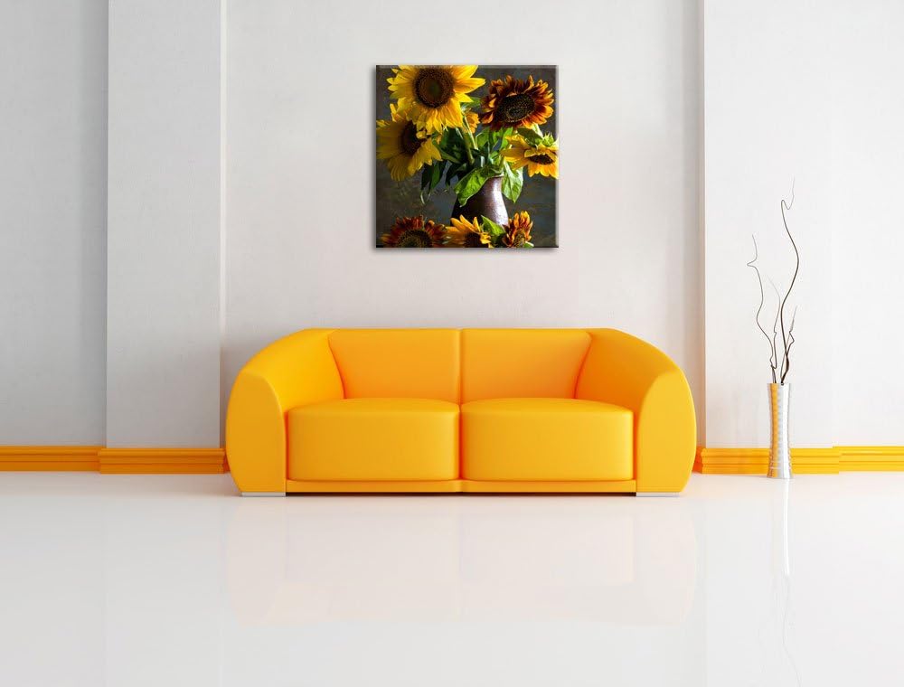 Sonnenblumen in edler Vase, Format: 70x70 auf Leinwand, XXL riesige Bilder fertig gerahmt mit Keilra
