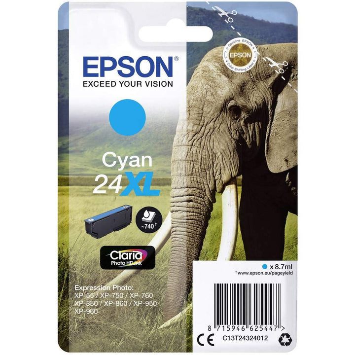Epson 24XL Cyan Elephant High Yield Genuine, Claria Photo HD Ink Cartridge, XL High Capacity Normalv