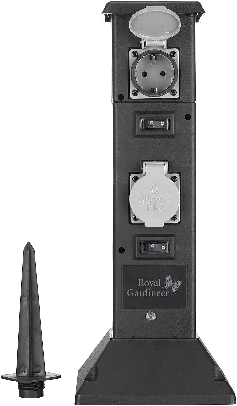Royal Gardineer Stromverteiler Garten: 4-fach-WLAN-Outdoor-Steckdosen-Säule, App, Sprachsteuerung, 1