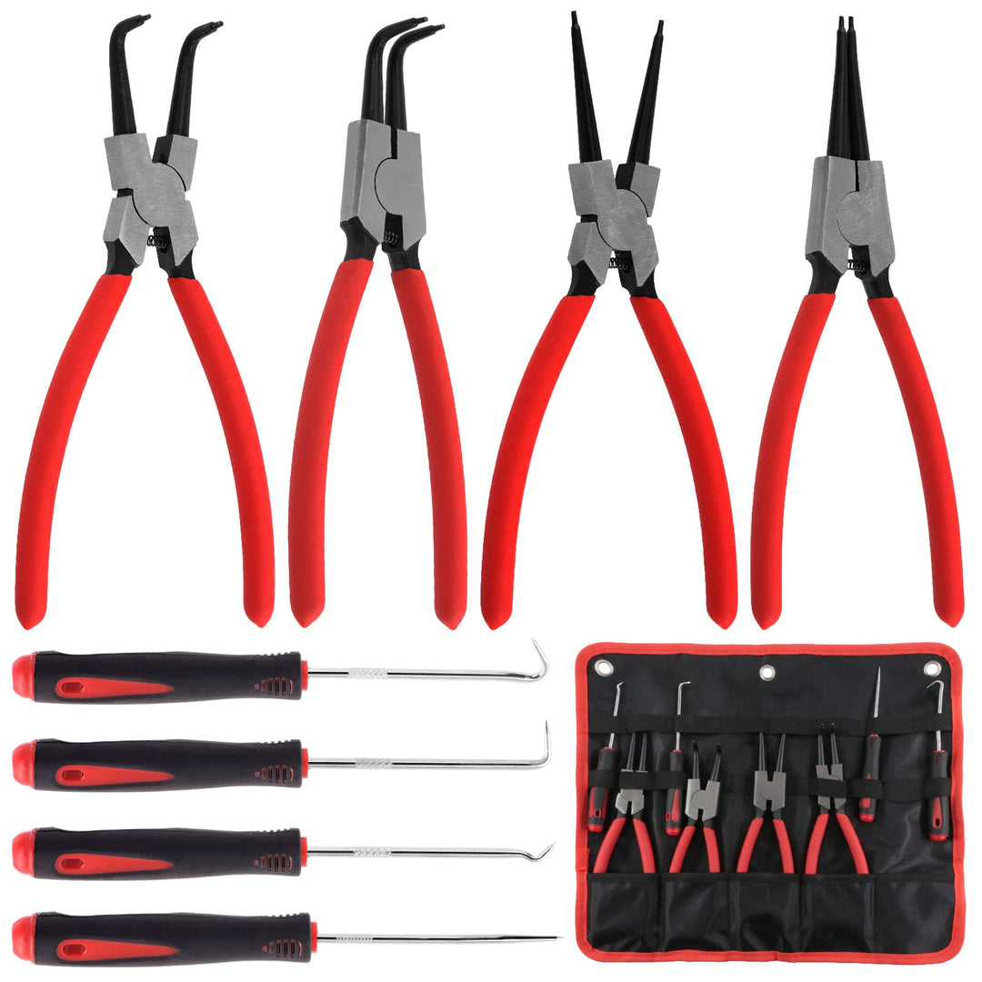 Keadic 8 Pcs 9" Heavy Duty External Snap Ring Pliers and Precision Hooks Set with Storage Bag, Circl