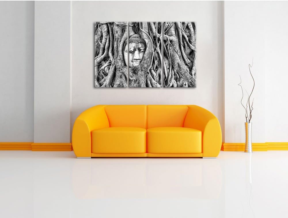 Pixxprint Buddha Kopf im Baum / 3-Teilig/Gesamtmass 120cm Leinwandbild bespannt auf Holzrahmen/Wandb