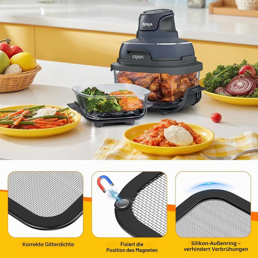2 Stück Airfryer Zubehör für Ninja Crispi FN101EU, Edelstahl Spritzschutz + Silikonmatten für Ninja